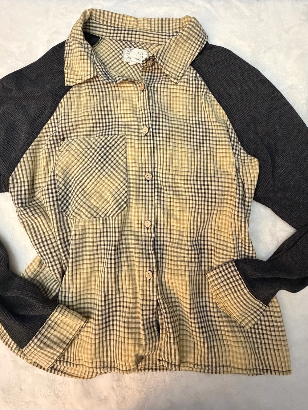 Oli & Hali Tan Plaid Front with Black Raglan Sleeves Jean Jacket
